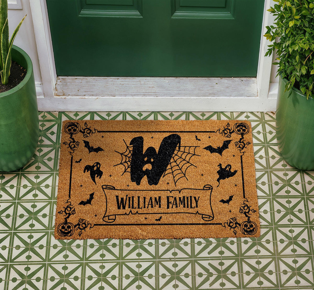 Custom Halloween Coir Doormat, Personalized Family Name Welcome Mat, Bats and Spider Webs Decor
