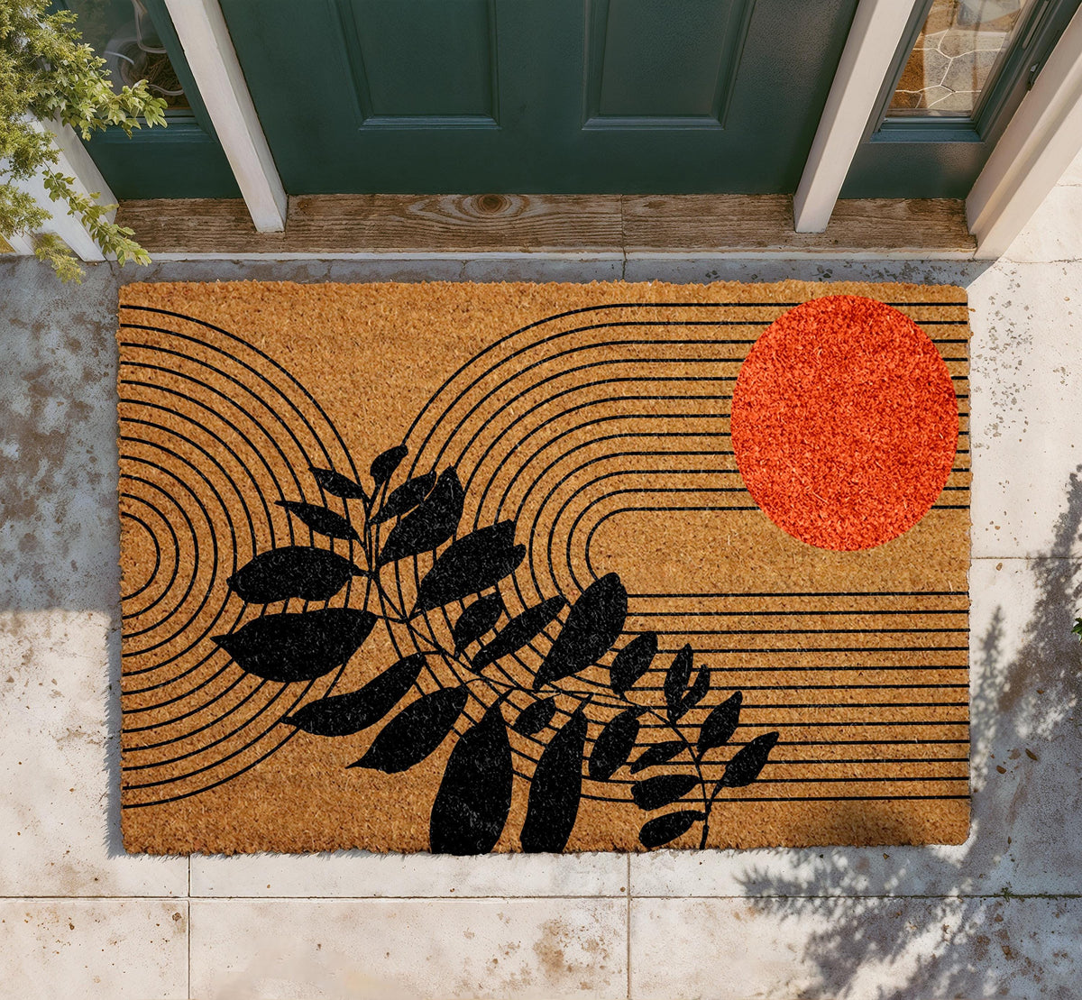 Mid Century Modern Doormat, Abstract Lines and Leaf Art Welcome Mat, Minimalist Botanical Door Mat, Stylish Entry Rug, Sun Inspired Coir Mat