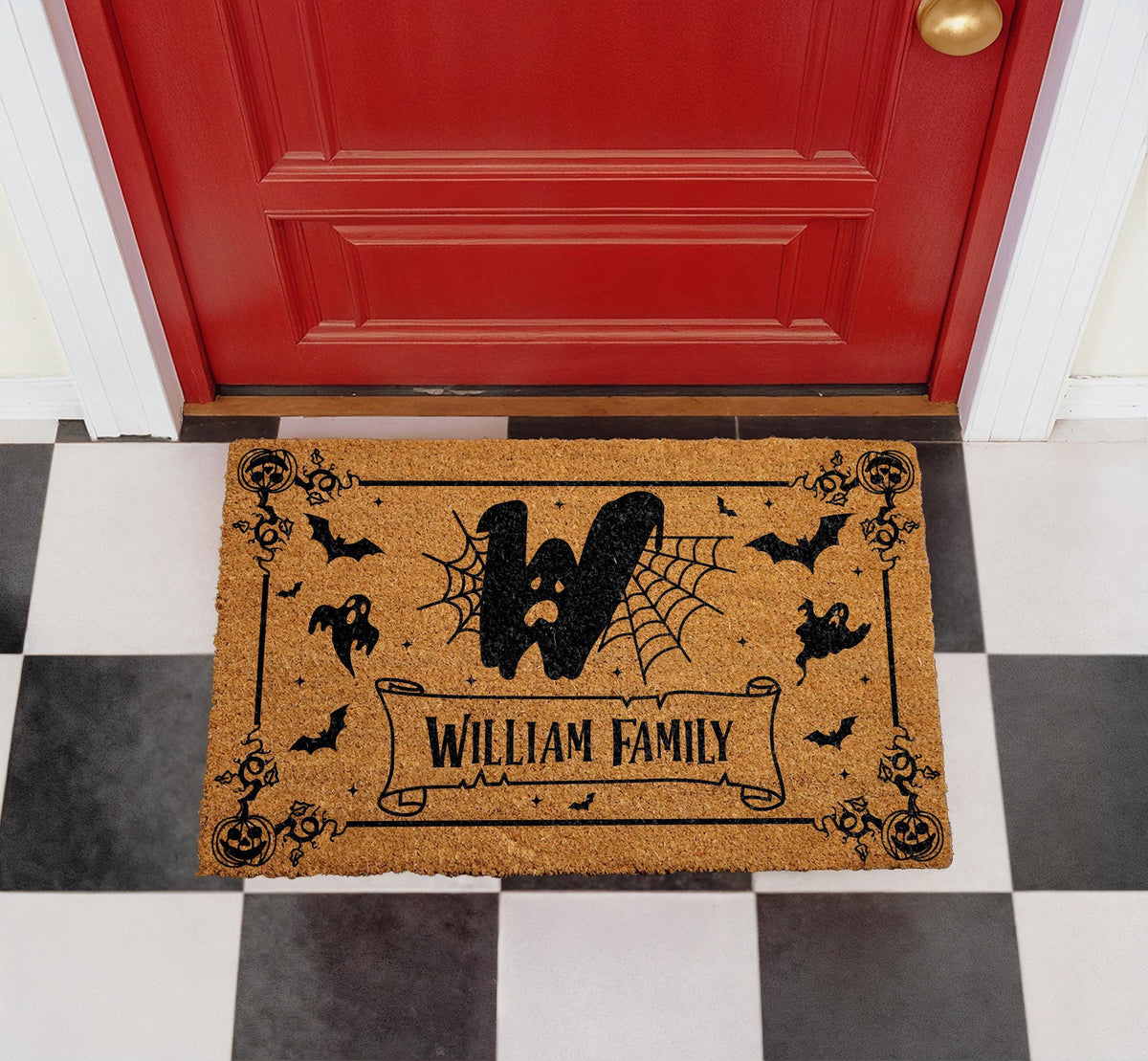 Custom Halloween Coir Doormat, Personalized Family Name Welcome Mat, Bats and Spider Webs Decor