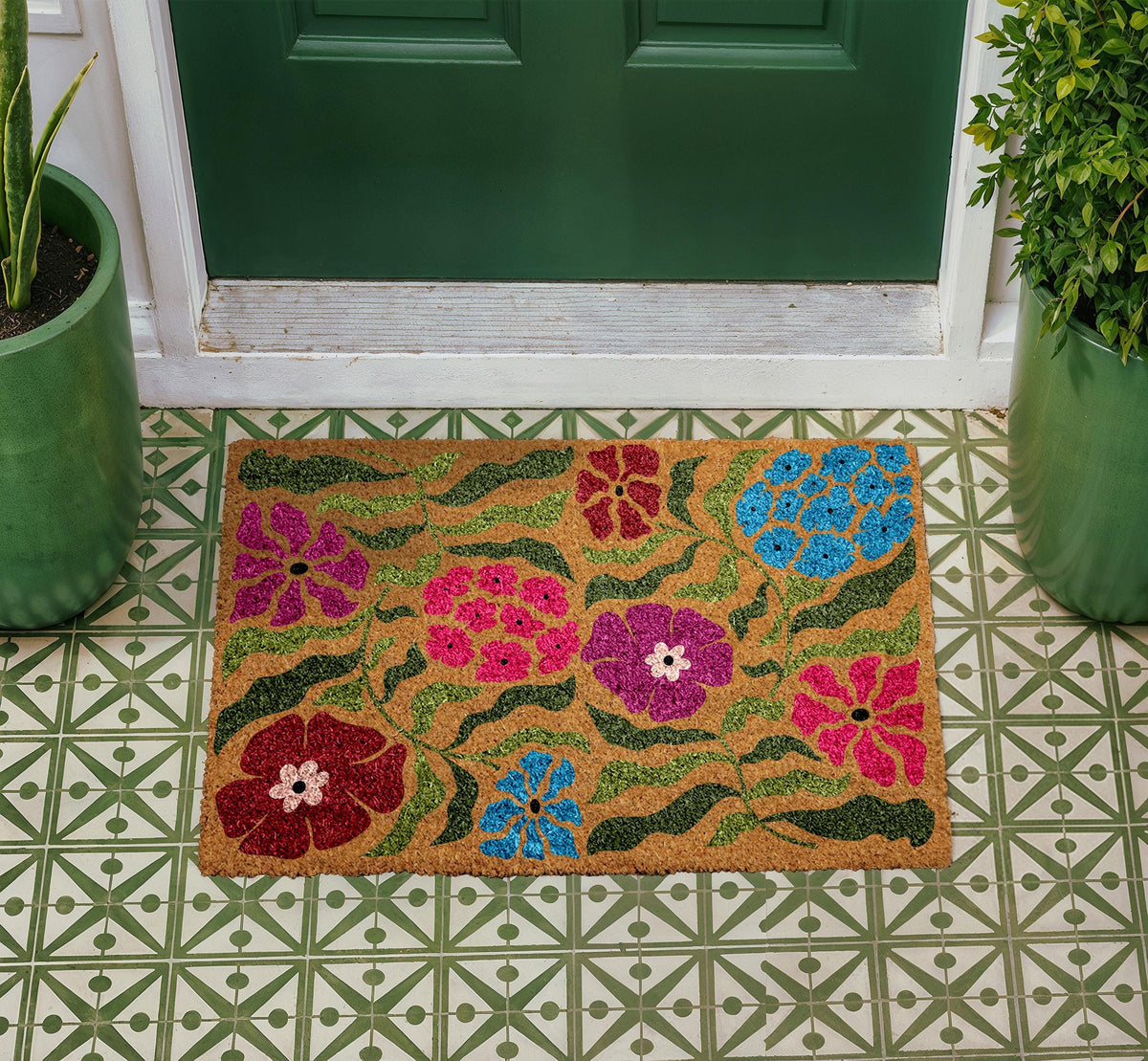 Vibrant Floral Coir Doormat, Colorful Welcome Mat, Farmhouse Entryway Rug