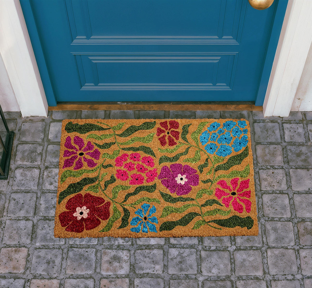 Vibrant Floral Coir Doormat, Colorful Welcome Mat, Farmhouse Entryway Rug