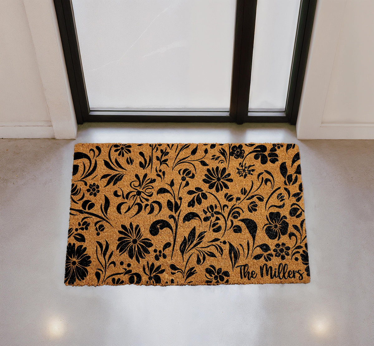 Personalized Floral Coir Doormat, Custom Family Name Welcome Mat, Outdoor Entryway Rug