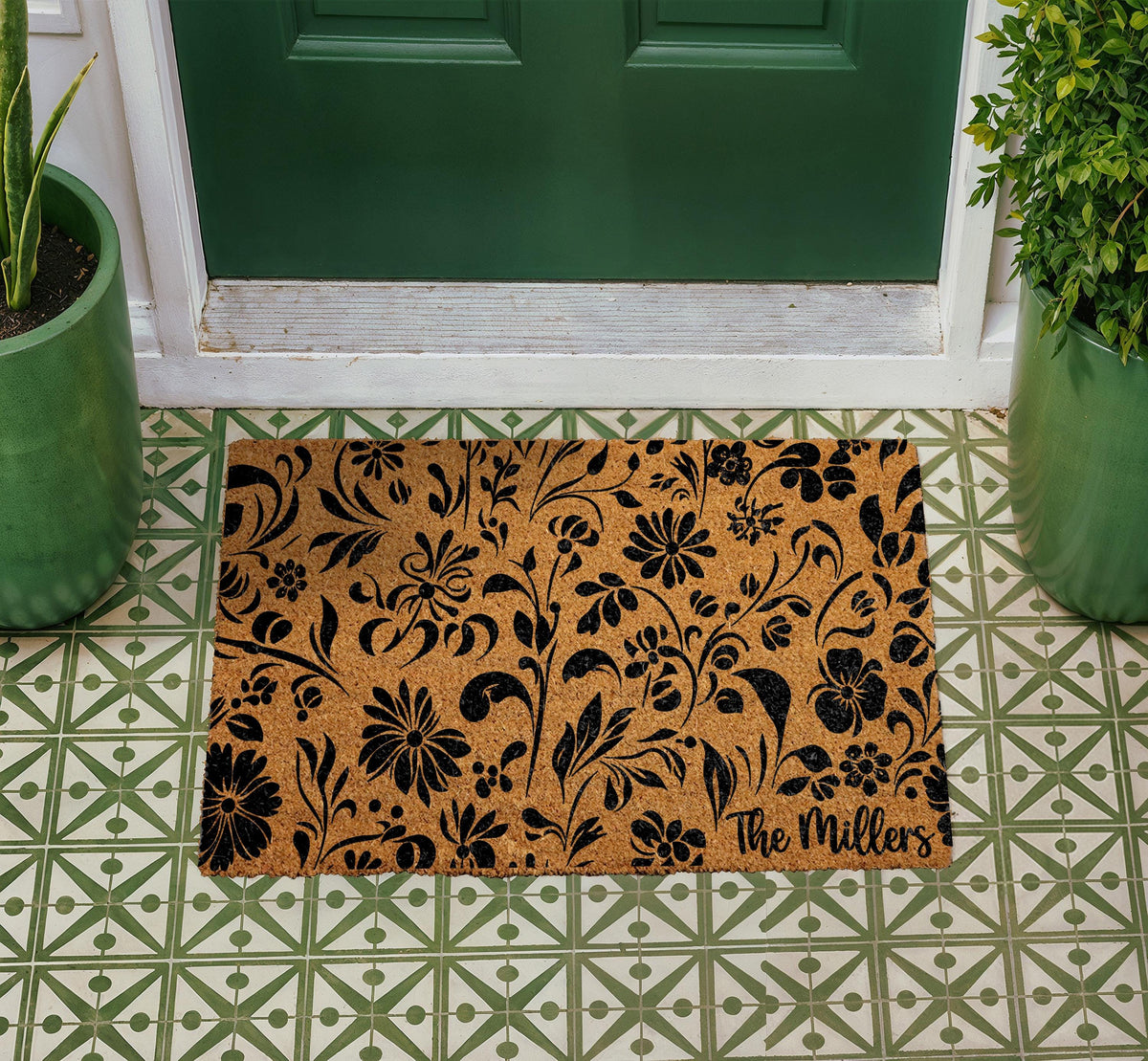 Personalized Floral Coir Doormat, Custom Family Name Welcome Mat, Outdoor Entryway Rug