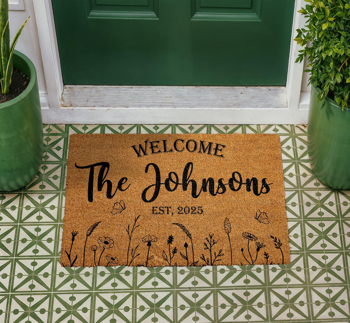 Personalized Botanical Coir Doormat, Custom Family Welcome Mat, Entryway Decor