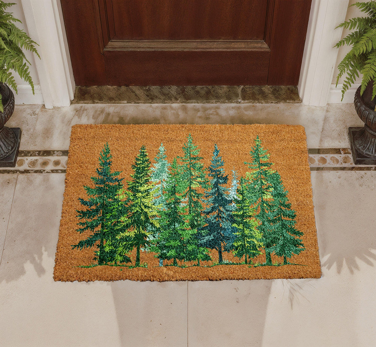 Personalized Forest Pine Trees Coir Doormat, Rustic Welcome Mat (Custom Name)