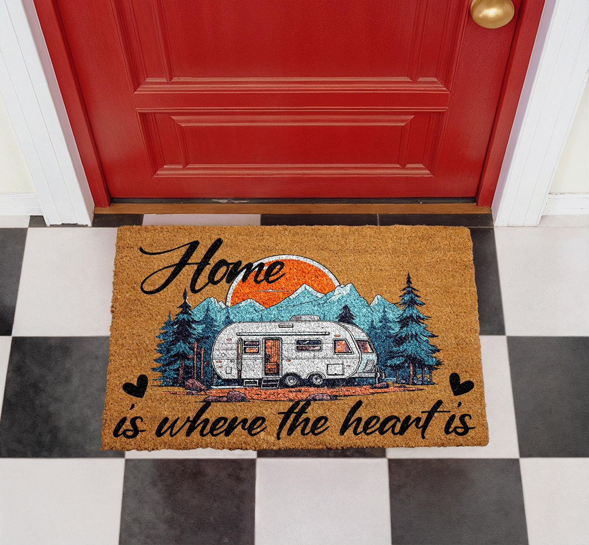 Personalized Coir Doormat, Camping RV Camper Welcome Mat, Mountain Sunset Design