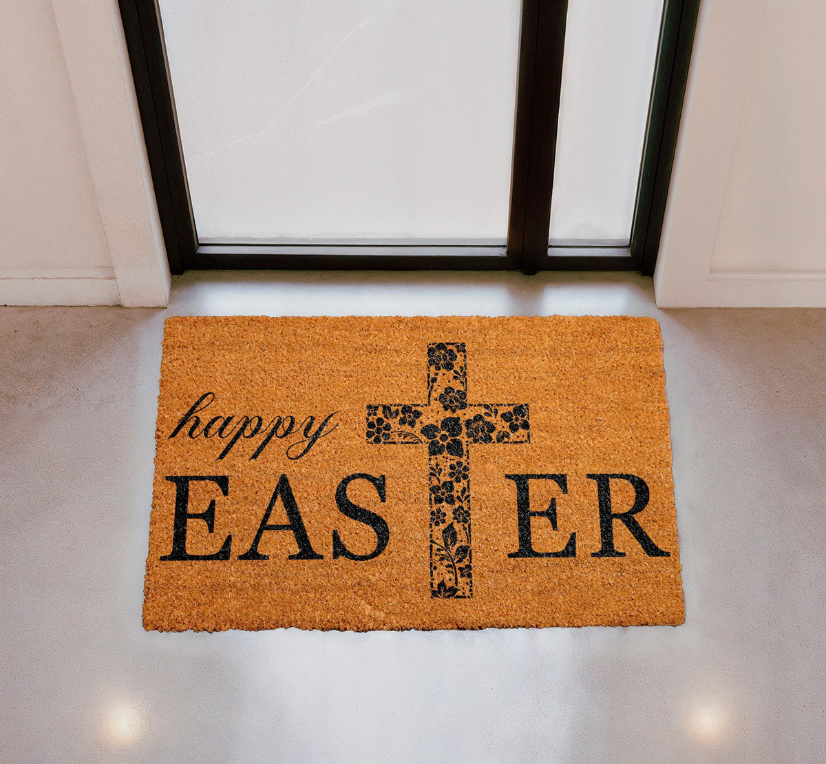 Floral Cross Happy Easter Doormat, Religious Spring Welcome Mat