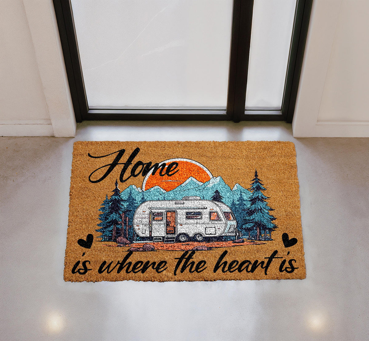 Personalized Coir Doormat, Camping RV Camper Welcome Mat, Mountain Sunset Design