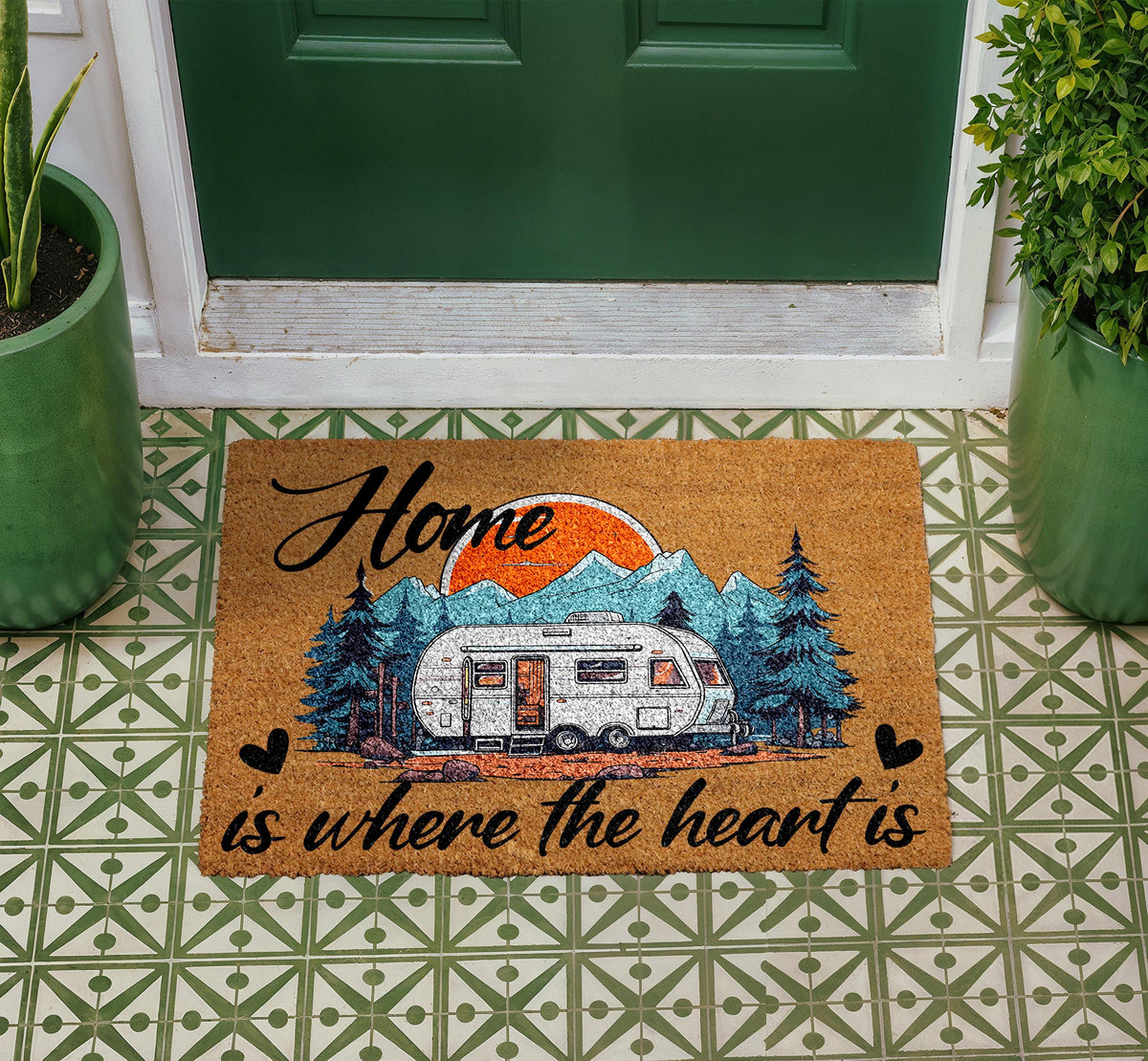 Personalized Coir Doormat, Camping RV Camper Welcome Mat, Mountain Sunset Design