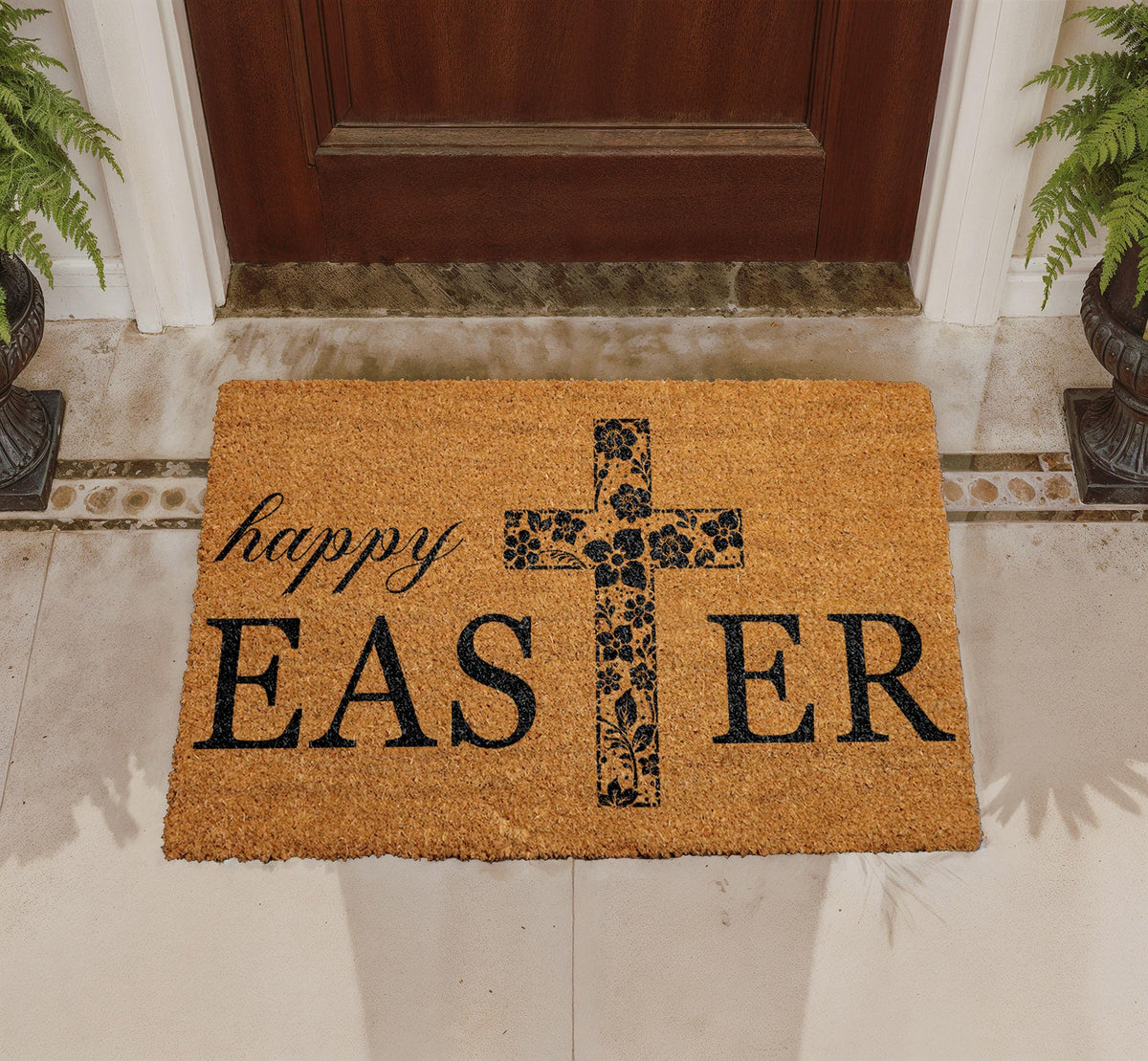 Floral Cross Happy Easter Doormat, Religious Spring Welcome Mat