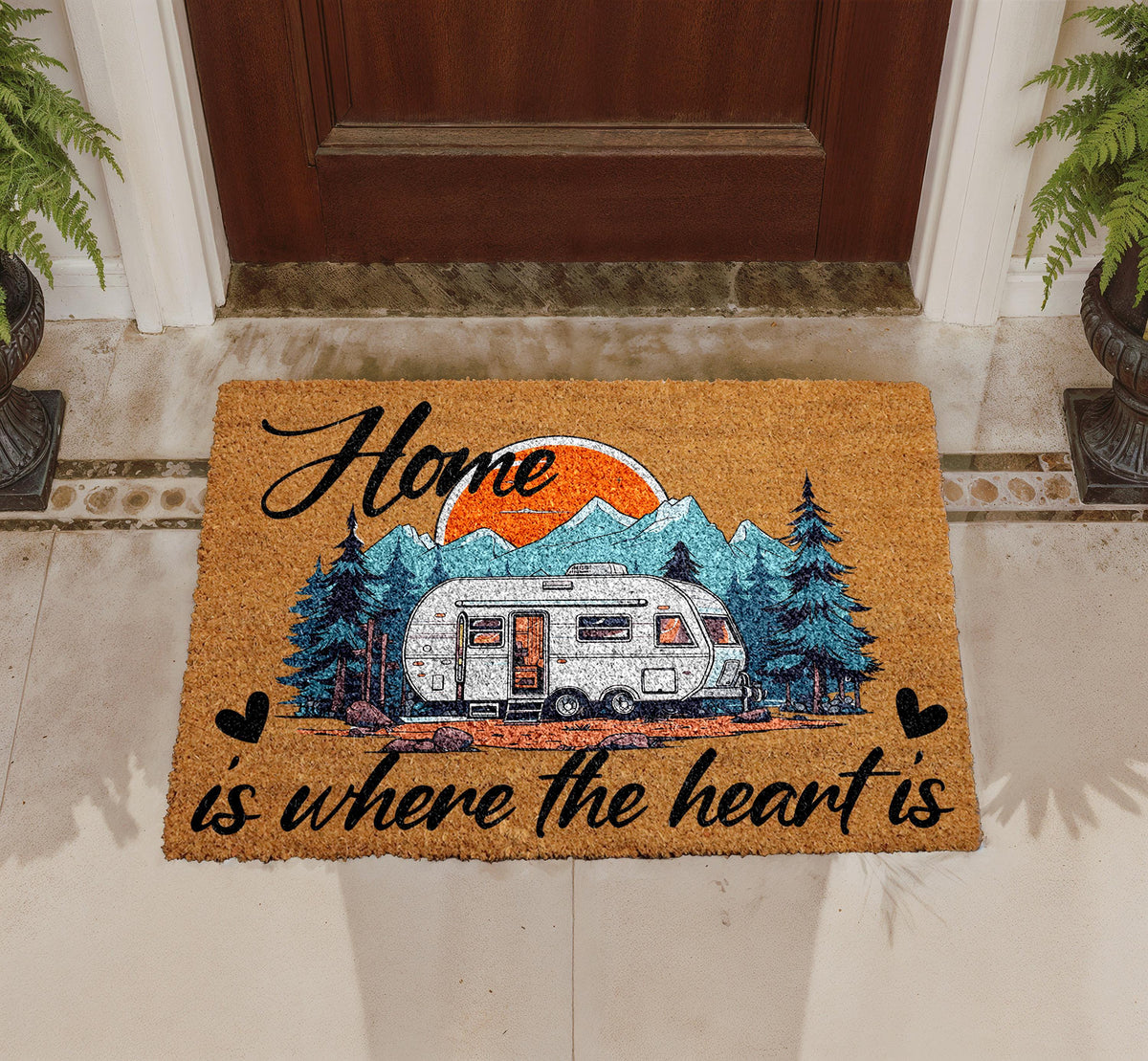 Personalized Coir Doormat, Camping RV Camper Welcome Mat, Mountain Sunset Design