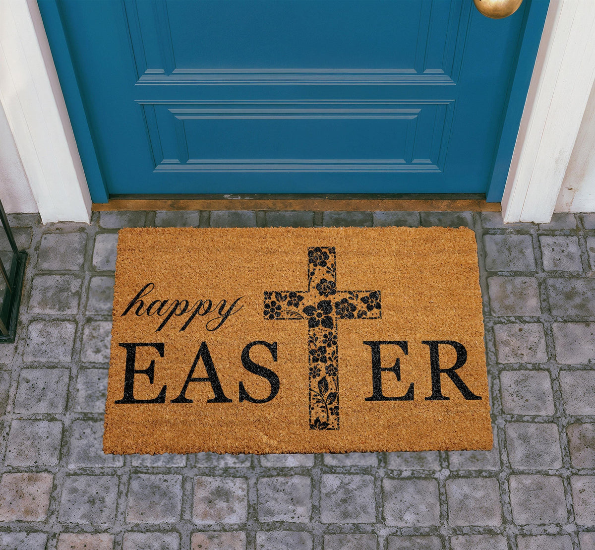 Floral Cross Happy Easter Doormat, Religious Spring Welcome Mat