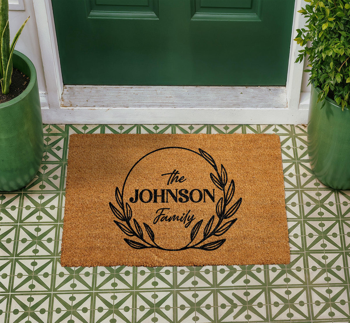 Personalized Family Name Doormat, Custom Welcome Mat, Botanical Laurel Wreath Coir Mat