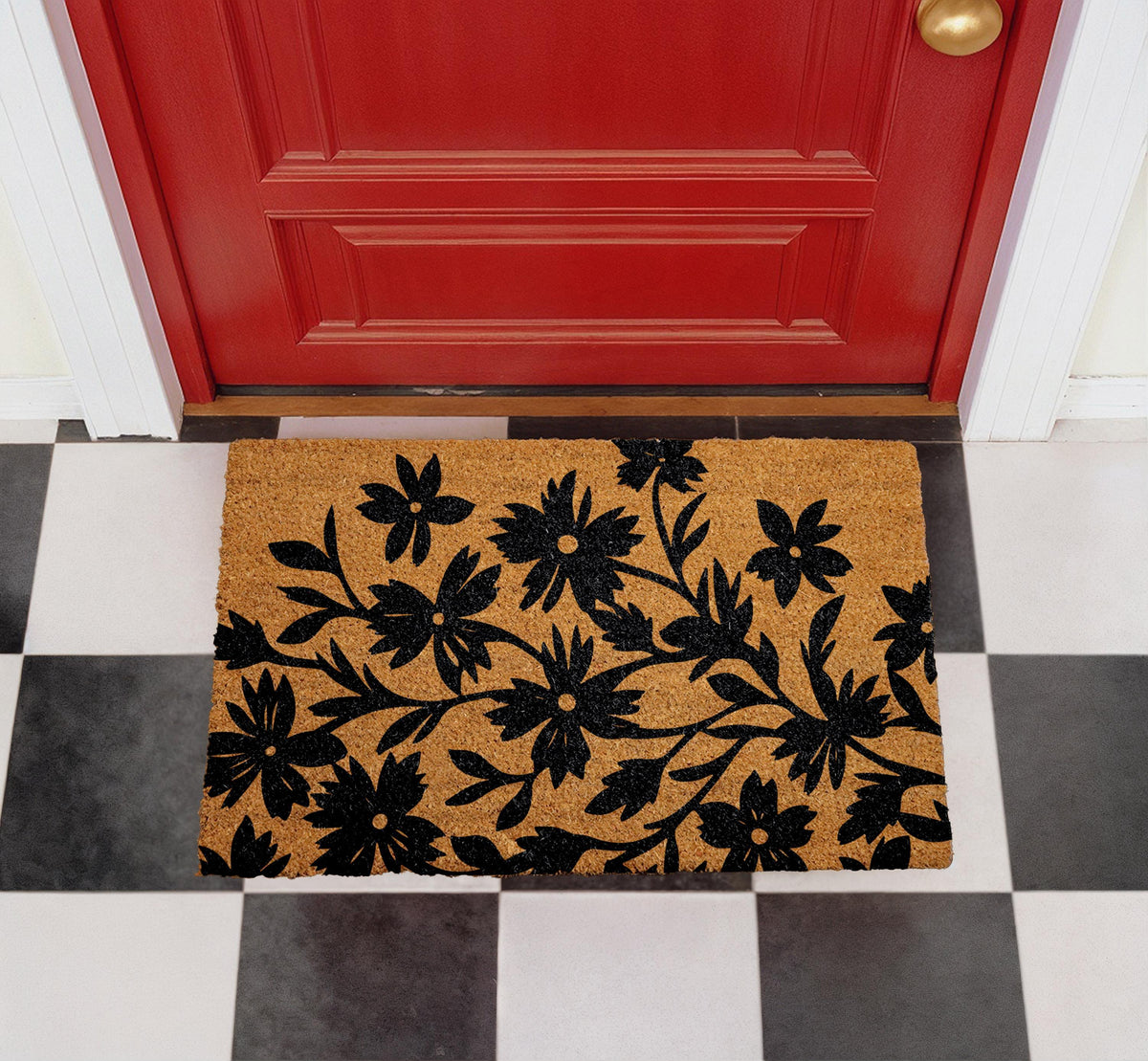 Black Floral Doormat, Natural Coir Welcome Mat, Botanical Farmhouse Entryway Rug