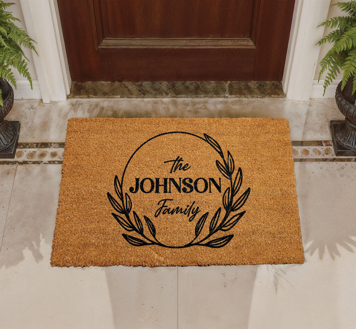 Personalized Family Name Doormat, Custom Welcome Mat, Botanical Laurel Wreath Coir Mat