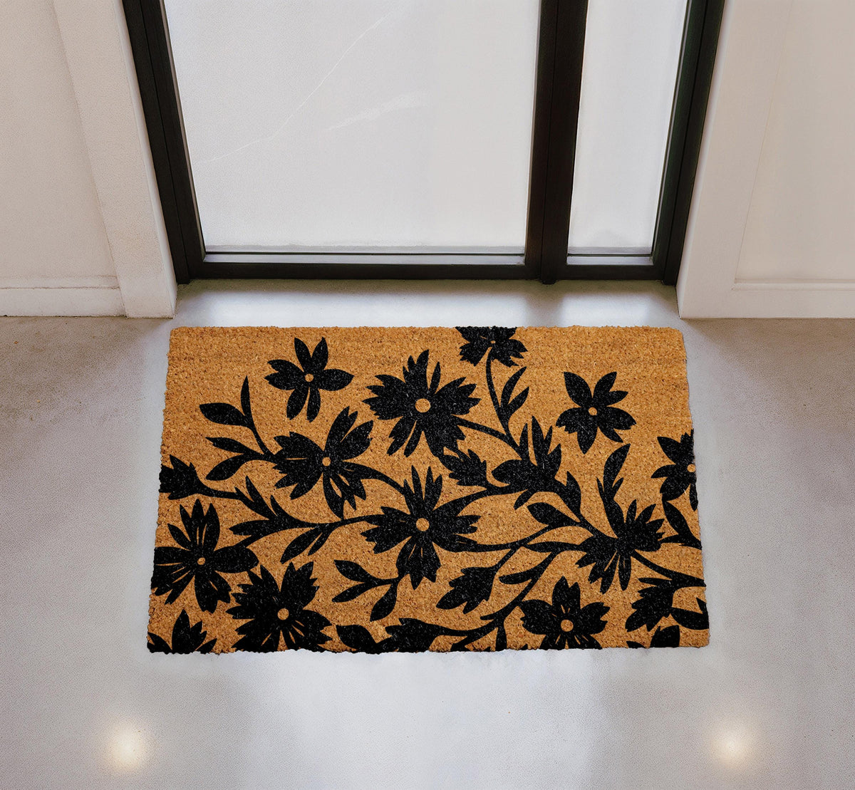 Black Floral Doormat, Natural Coir Welcome Mat, Botanical Farmhouse Entryway Rug