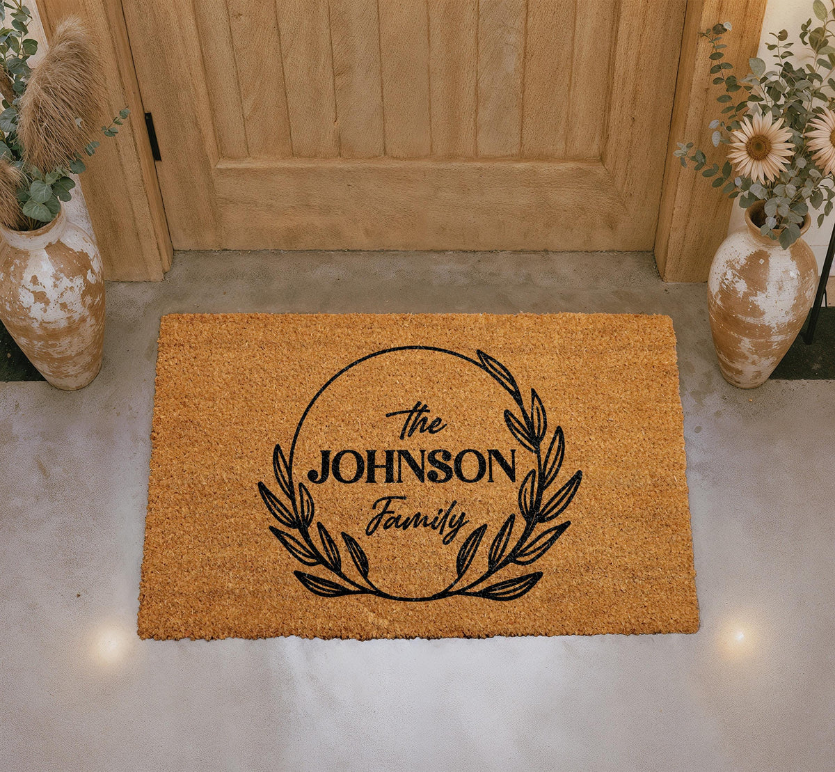 Personalized Family Name Doormat, Custom Welcome Mat, Botanical Laurel Wreath Coir Mat