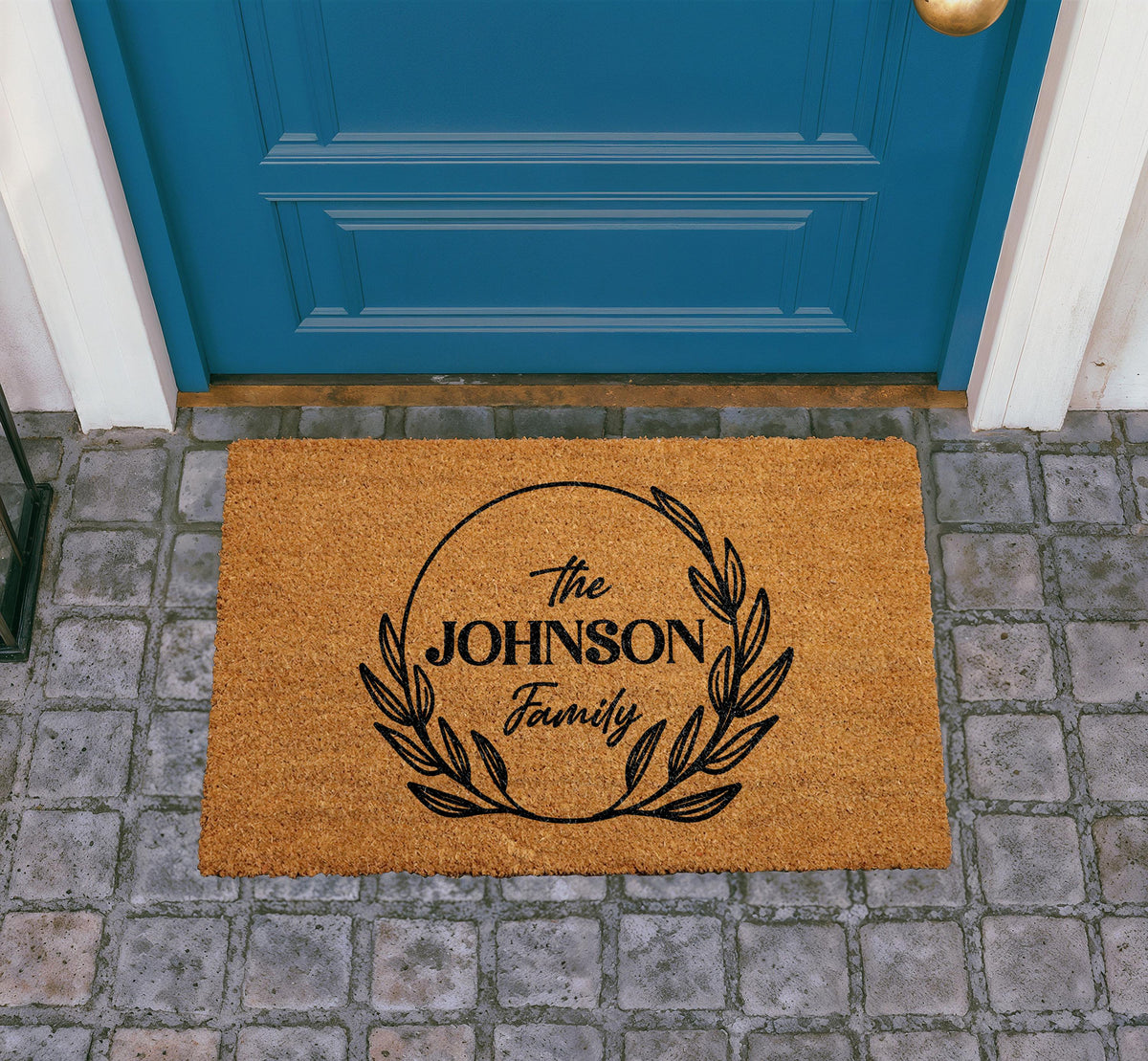 Personalized Family Name Doormat, Custom Welcome Mat, Botanical Laurel Wreath Coir Mat