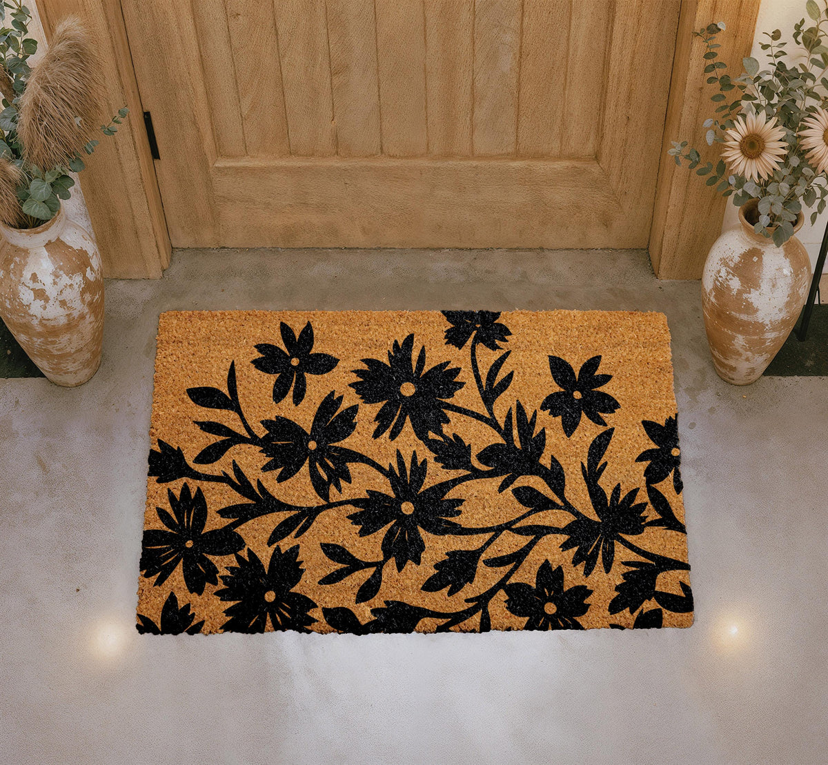 Black Floral Doormat, Natural Coir Welcome Mat, Botanical Farmhouse Entryway Rug