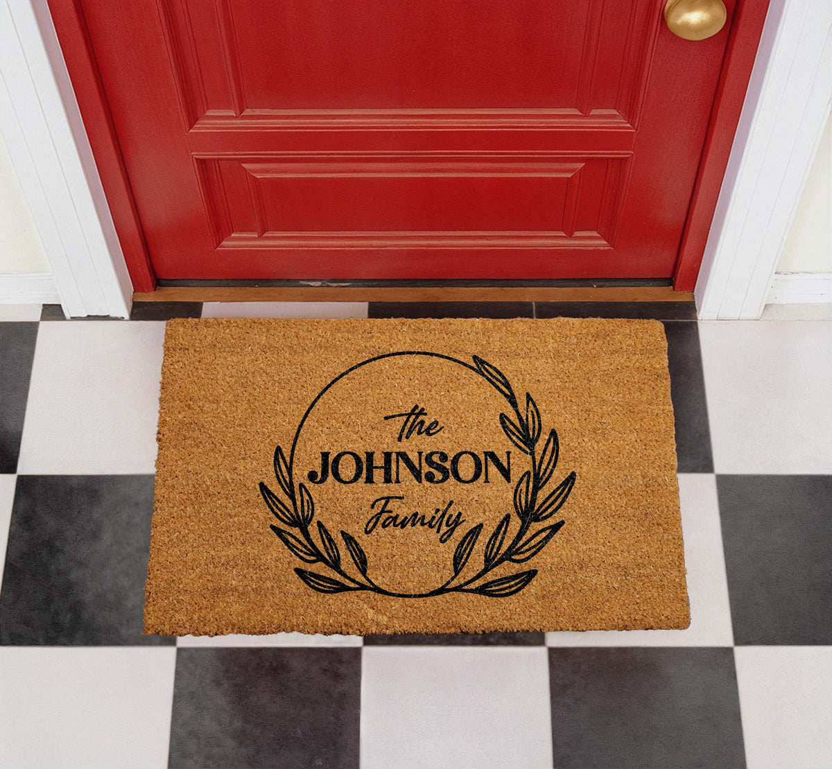 Personalized Family Name Doormat, Custom Welcome Mat, Botanical Laurel Wreath Coir Mat