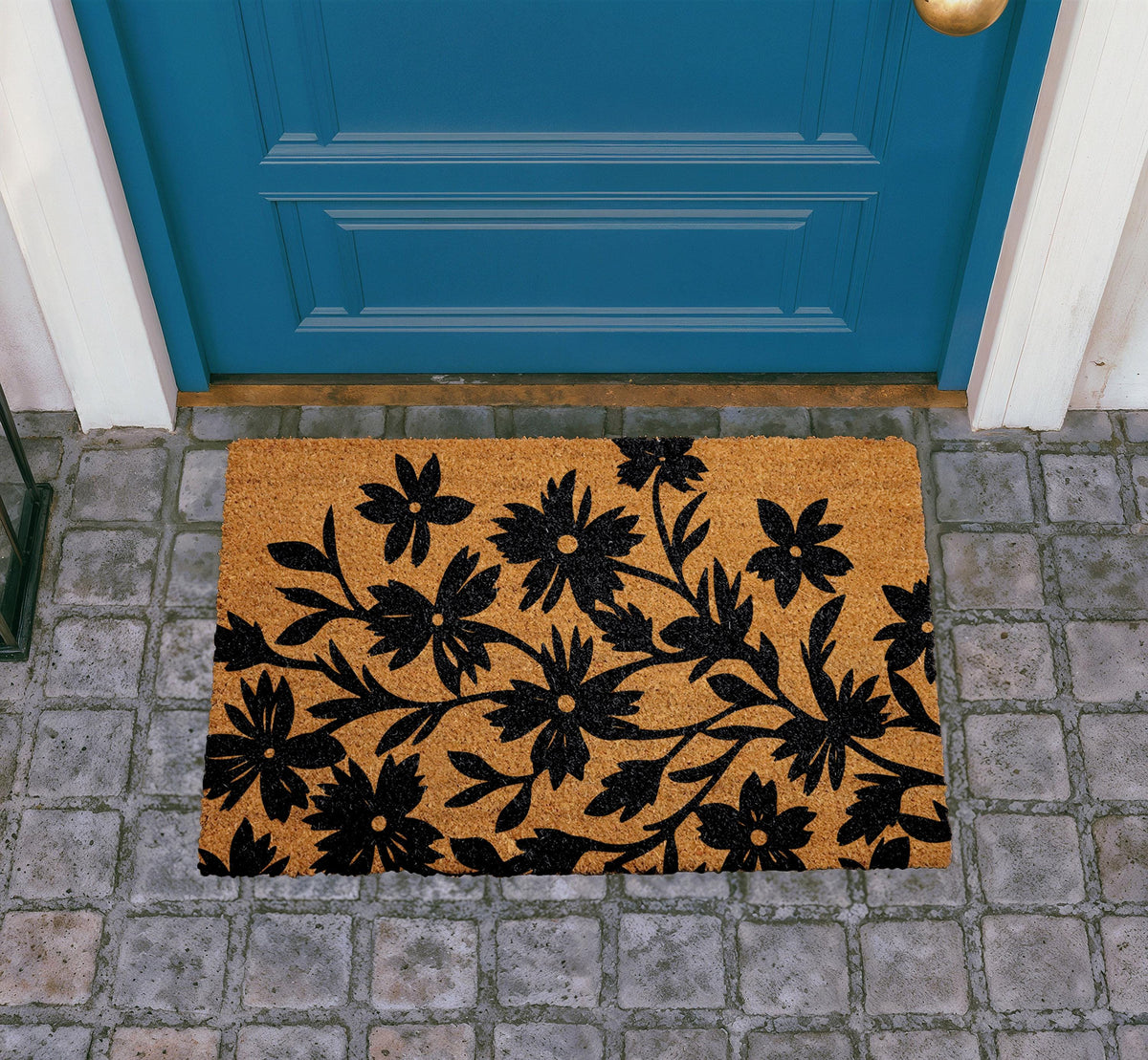 Black Floral Doormat, Natural Coir Welcome Mat, Botanical Farmhouse Entryway Rug