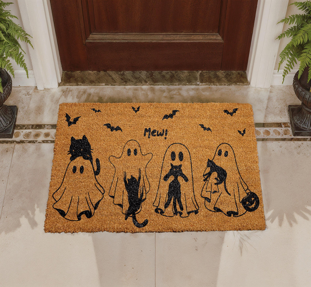 Mew Halloween Doormat, Cat Ghost Spooky Porch Decor, Natural Coir Rug