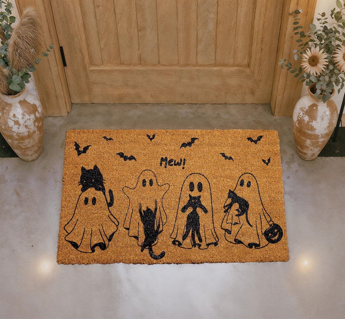 Mew Halloween Doormat, Cat Ghost Spooky Porch Decor, Natural Coir Rug