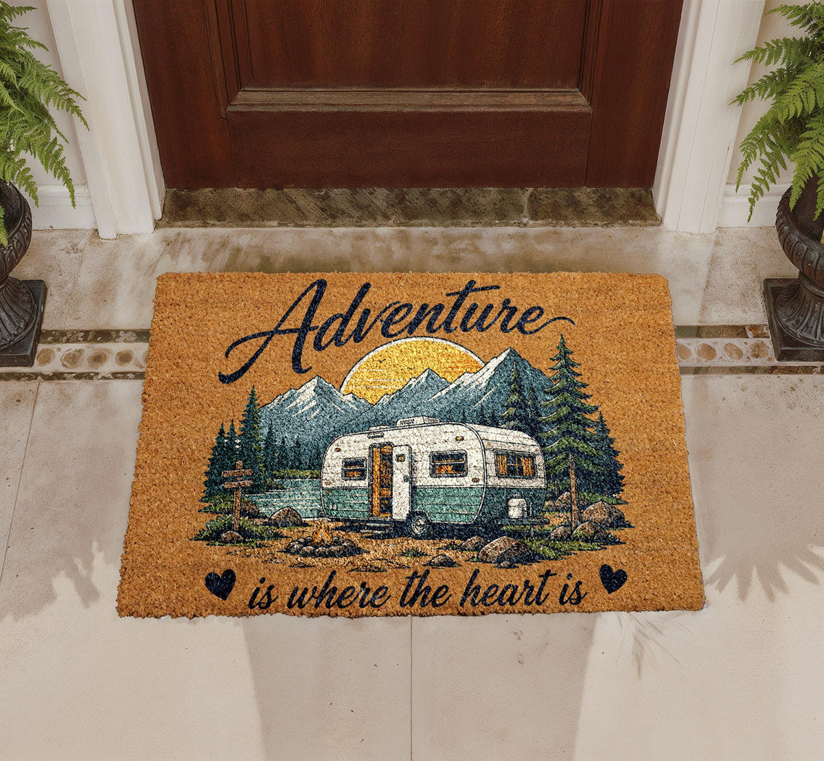 Adventure Camper Doormat, Vintage Trailer Welcome Mat, Coir Outdoor Rug