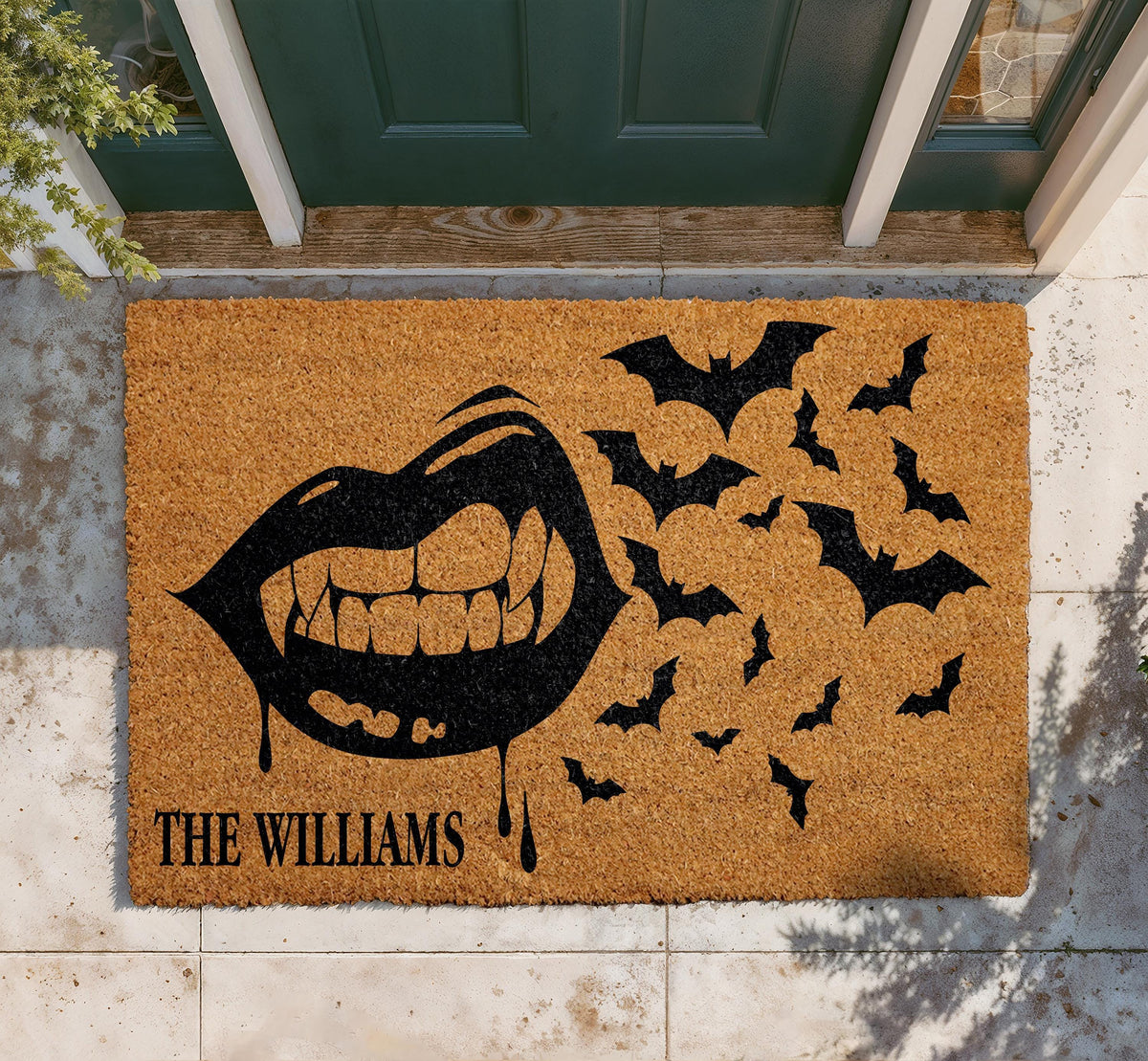 Personalized Gothic Vampire Bats Coir Doormat, Spooky Halloween Welcome Mat