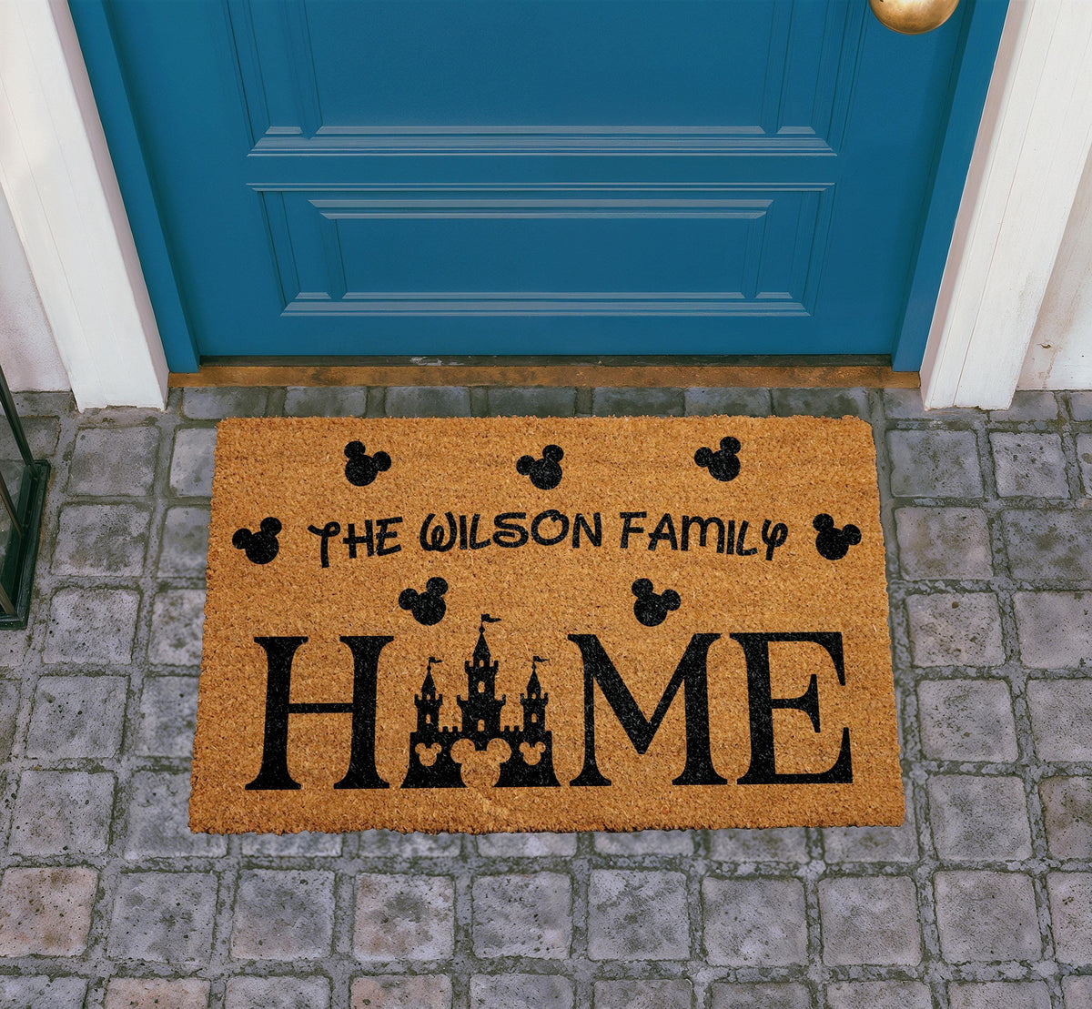 Personalized Family Home Doormat, Castle Silhouette Welcome Mat, Coir Front Porch Rug