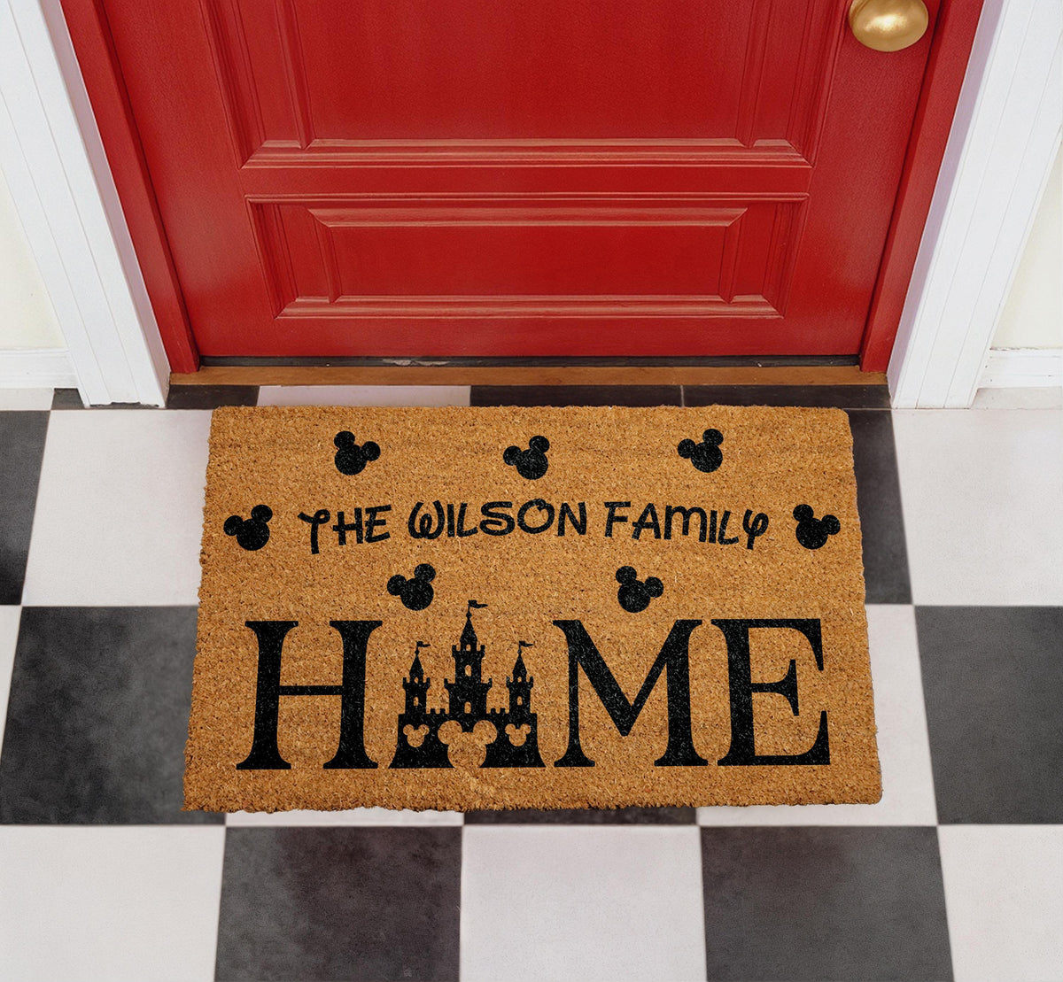 Personalized Family Home Doormat, Castle Silhouette Welcome Mat, Coir Front Porch Rug