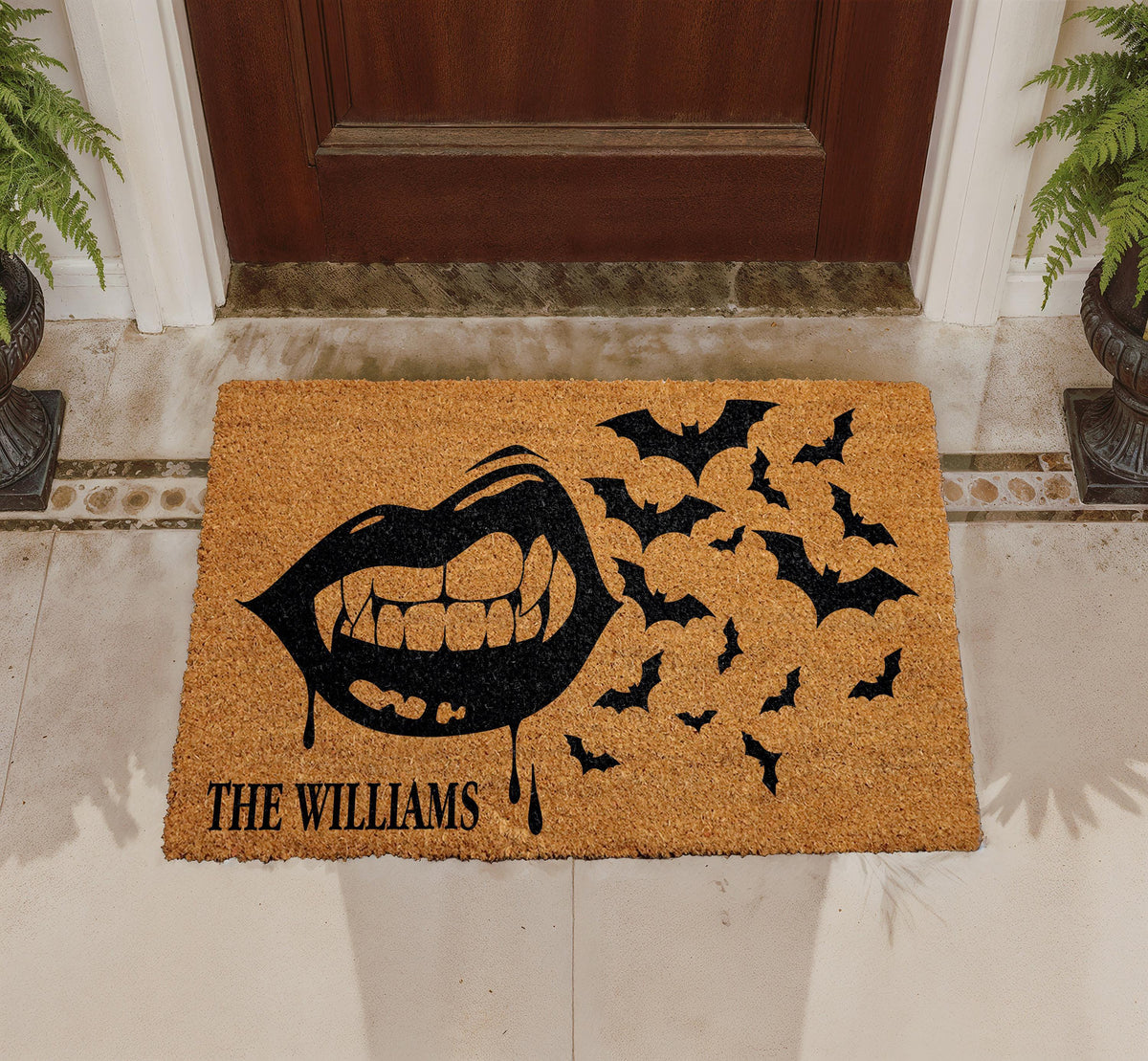 Personalized Gothic Vampire Bats Coir Doormat, Spooky Halloween Welcome Mat