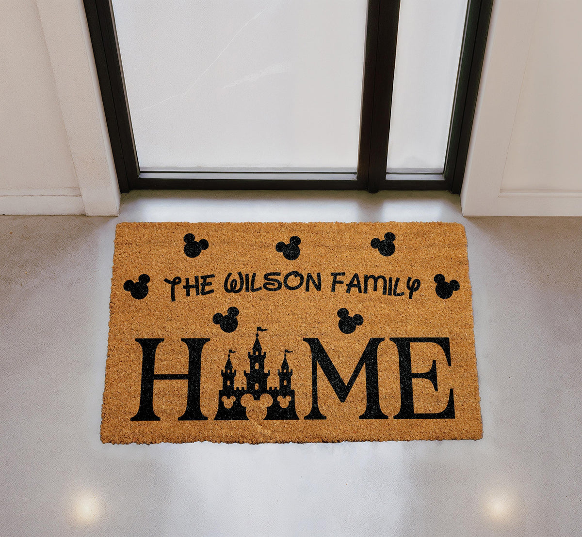 Personalized Family Home Doormat, Castle Silhouette Welcome Mat, Coir Front Porch Rug