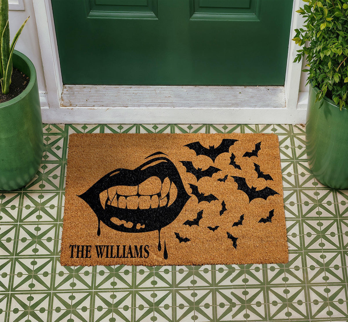 Personalized Gothic Vampire Bats Coir Doormat, Spooky Halloween Welcome Mat