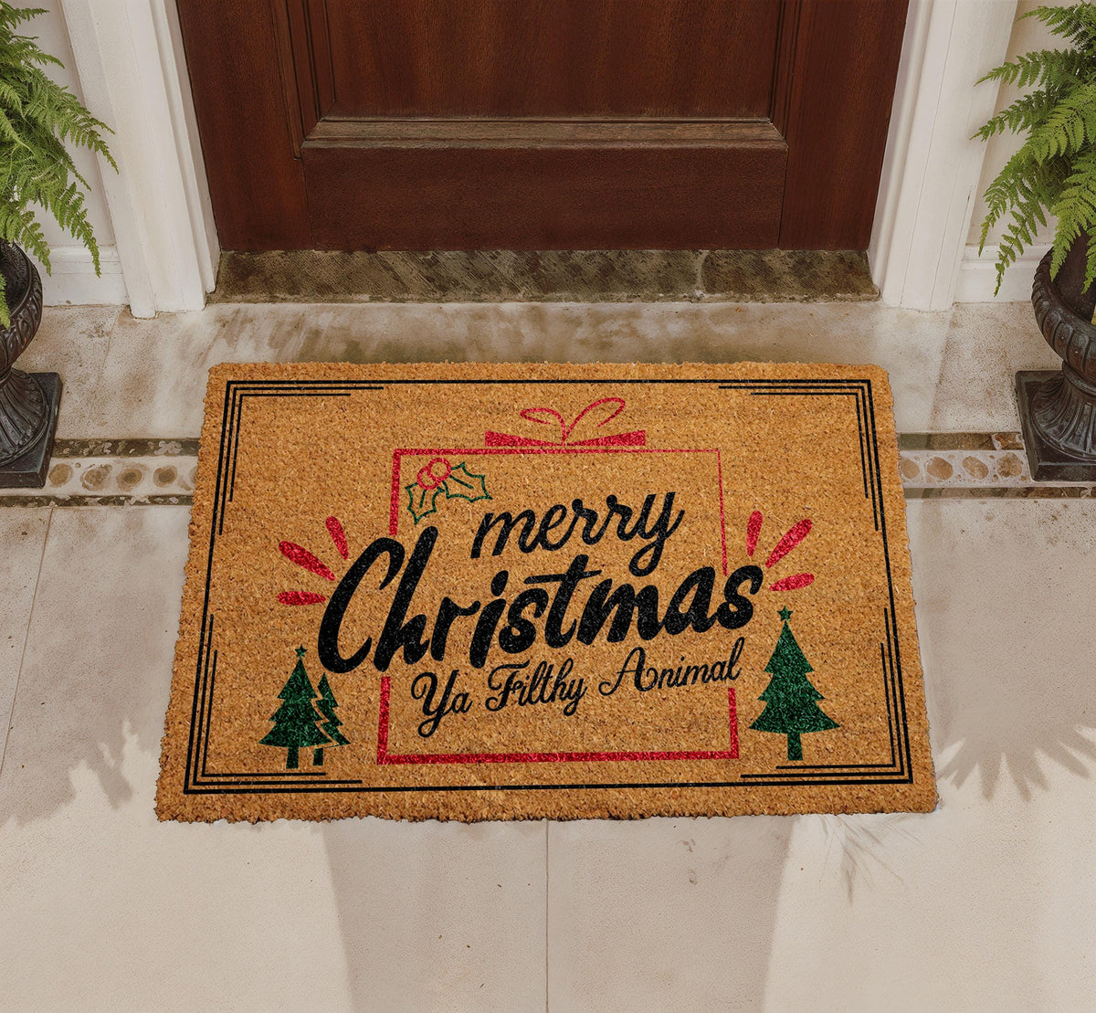 Merry Christmas Doormat, Funny Ya Filthy Animal Welcome Mat, Festive Entryway Rug