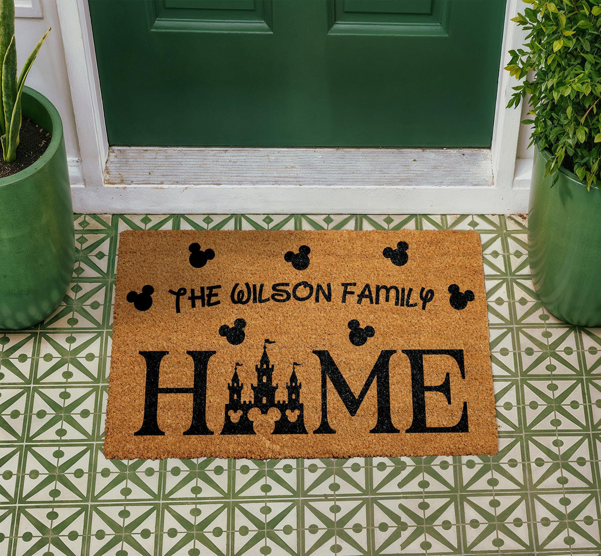Personalized Family Home Doormat, Castle Silhouette Welcome Mat, Coir Front Porch Rug