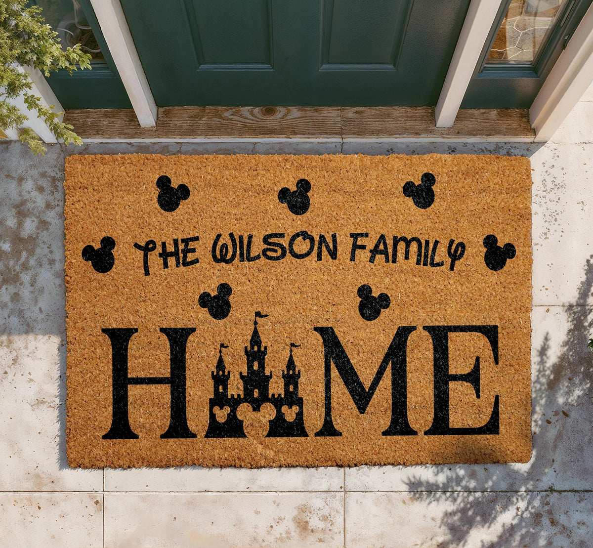 Personalized Family Home Doormat, Castle Silhouette Welcome Mat, Coir Front Porch Rug