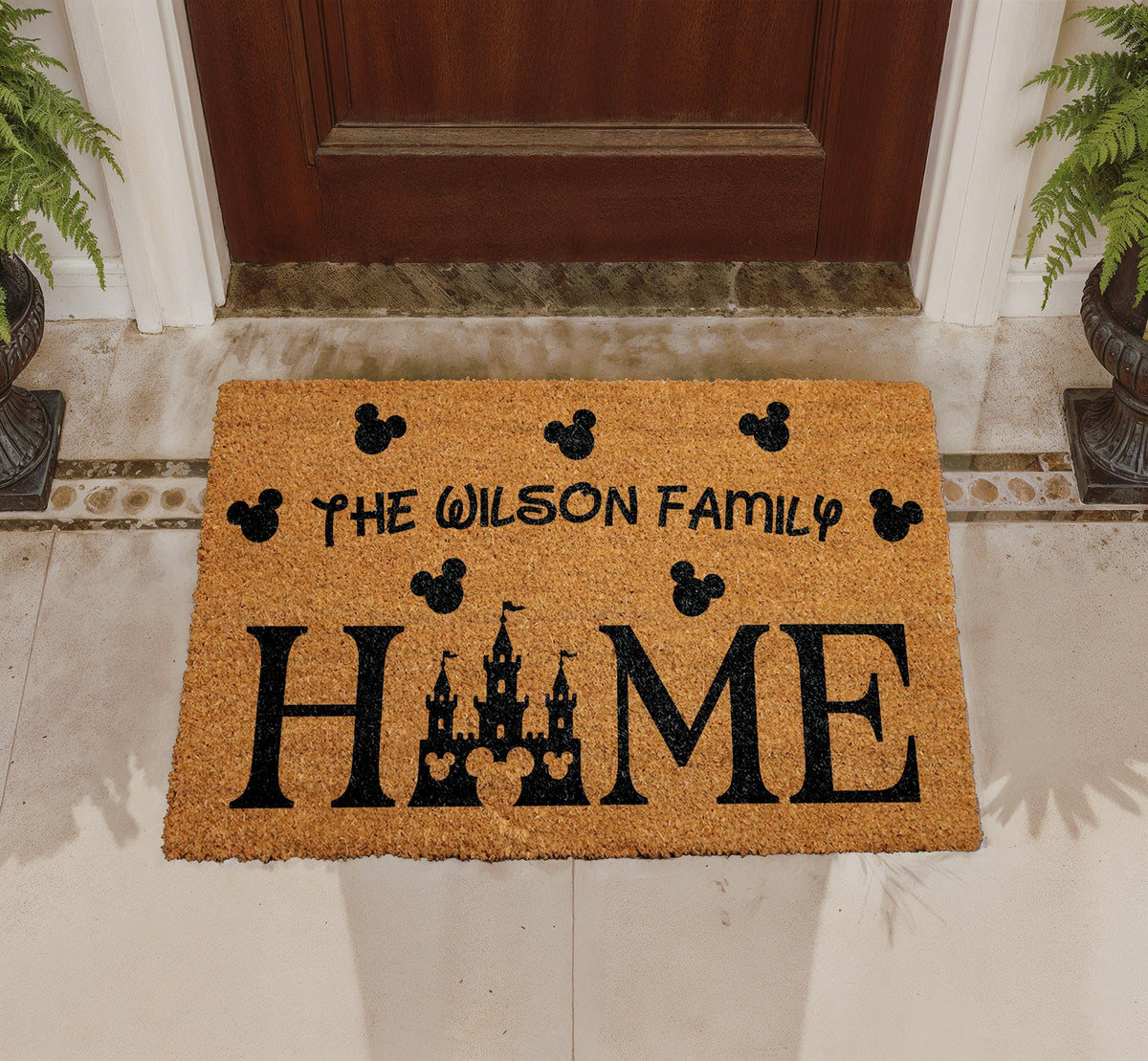 Personalized Family Home Doormat, Castle Silhouette Welcome Mat, Coir Front Porch Rug
