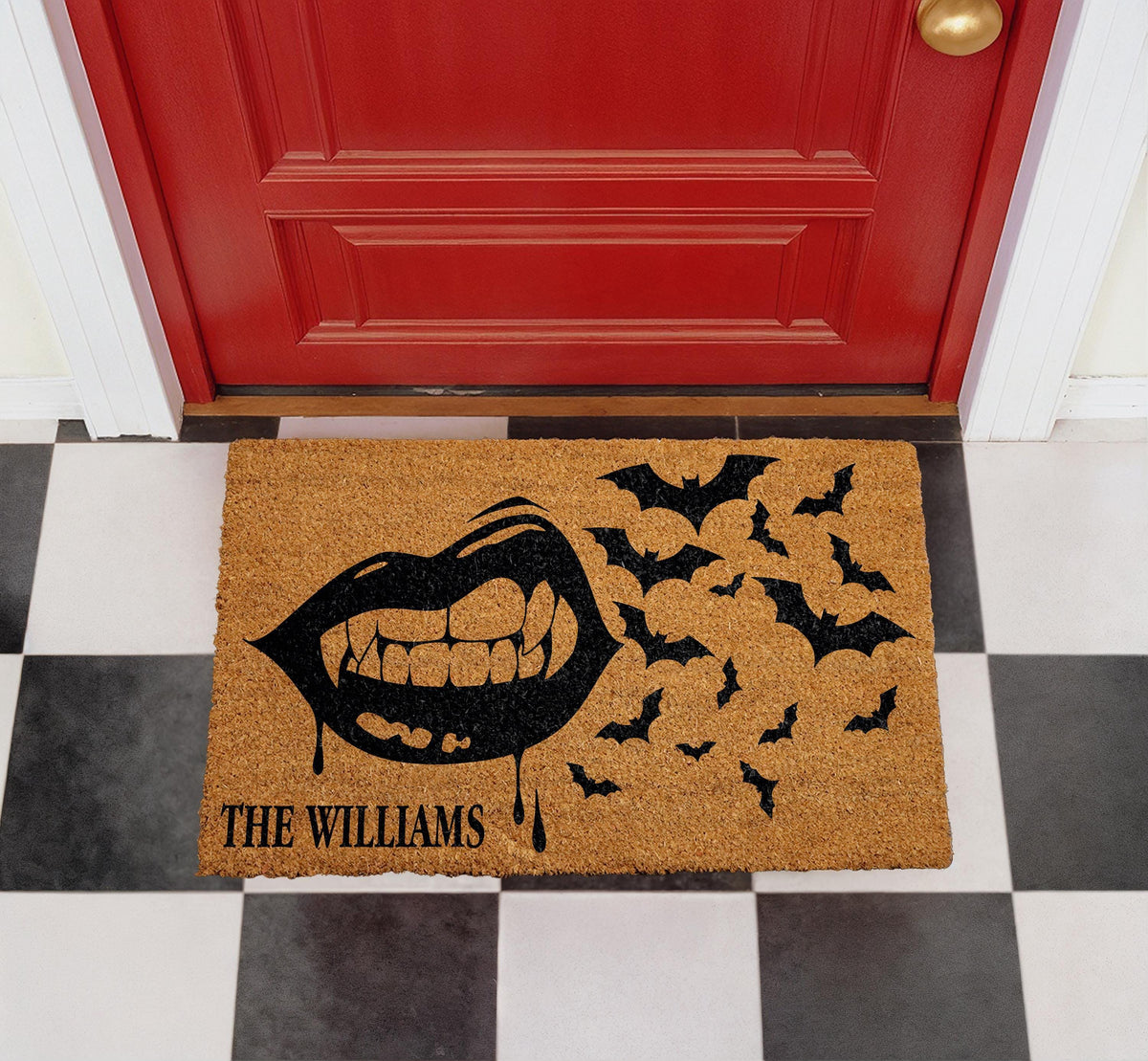 Personalized Gothic Vampire Bats Coir Doormat, Spooky Halloween Welcome Mat