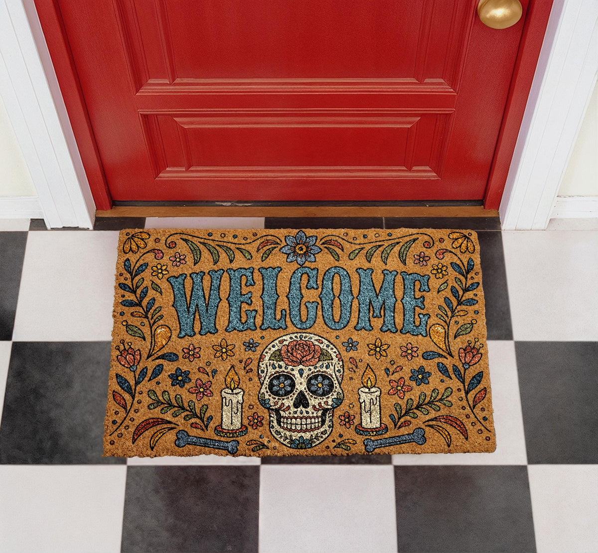 Dia de los Muertos Sugar Skull Doormat, Colorful Floral Gothic Entry Rug