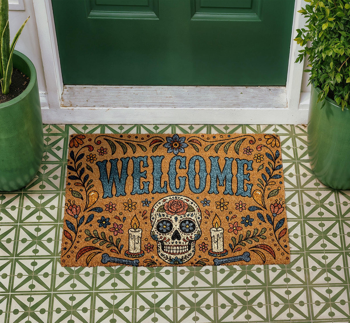 Dia de los Muertos Sugar Skull Doormat, Colorful Floral Gothic Entry Rug