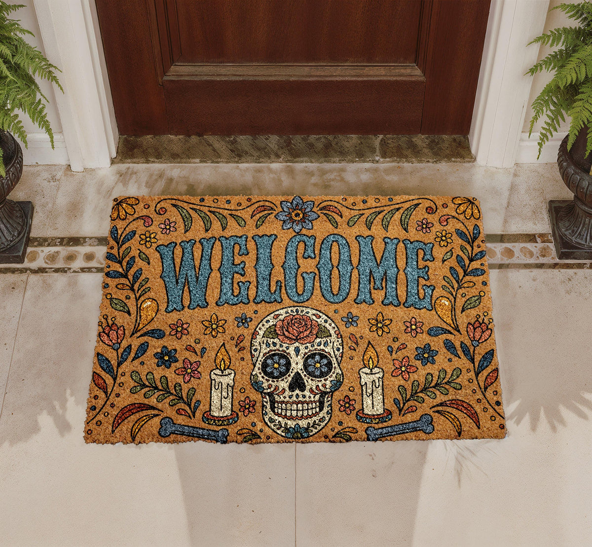 Dia de los Muertos Sugar Skull Doormat, Colorful Floral Gothic Entry Rug