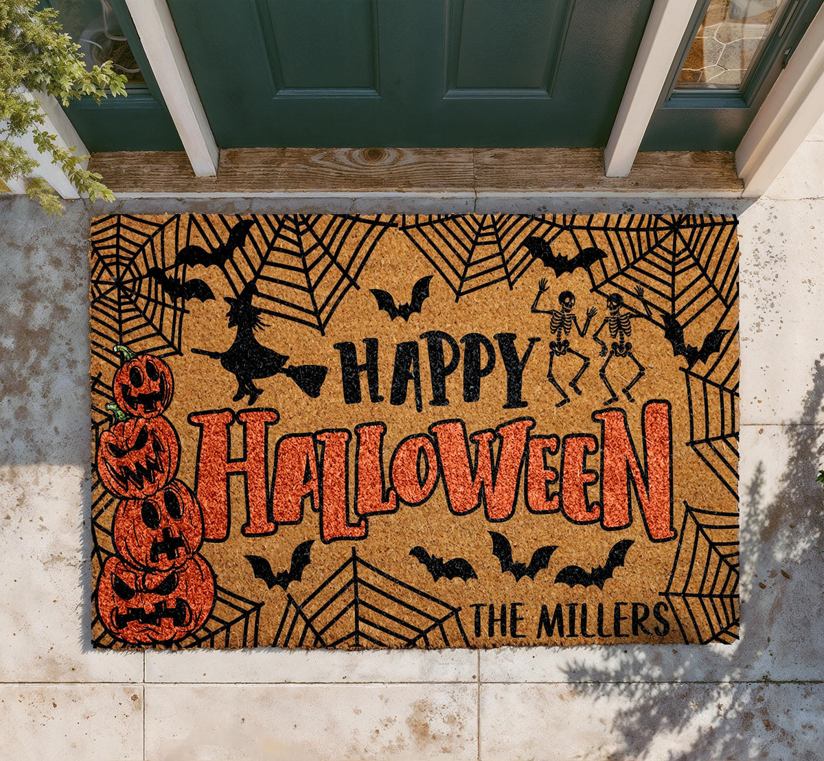 Personalized Happy Halloween Doormat, Custom Family Name Welcome Mat, Spooky Porch Decor