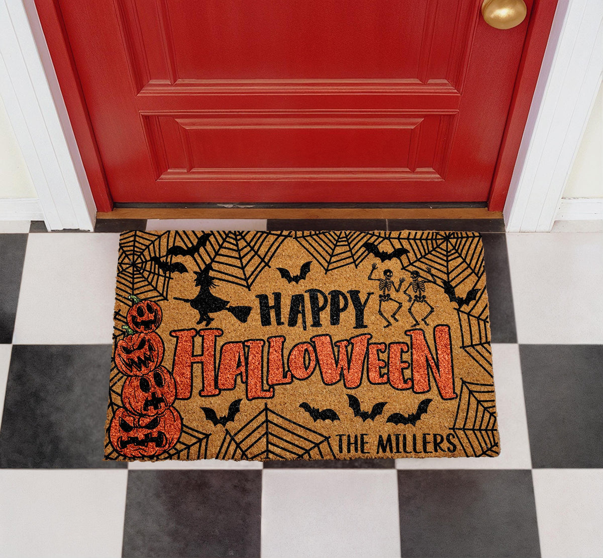 Personalized Happy Halloween Doormat, Custom Family Name Welcome Mat, Spooky Porch Decor