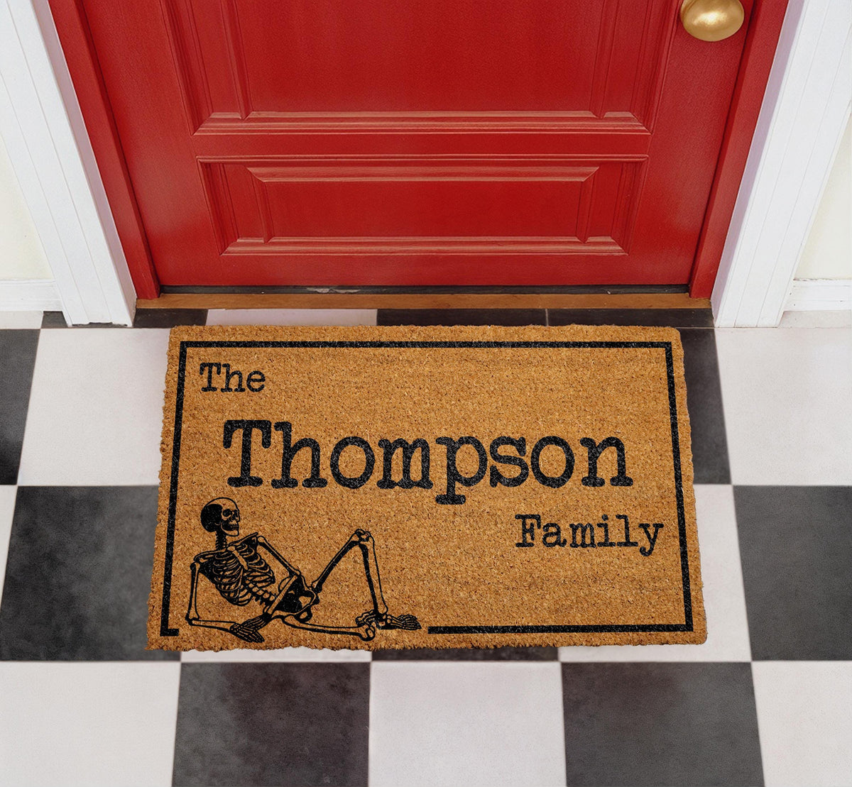 Personalized Skeleton Family Doormat, Custom Halloween Welcome Mat, Spooky Porch Decor
