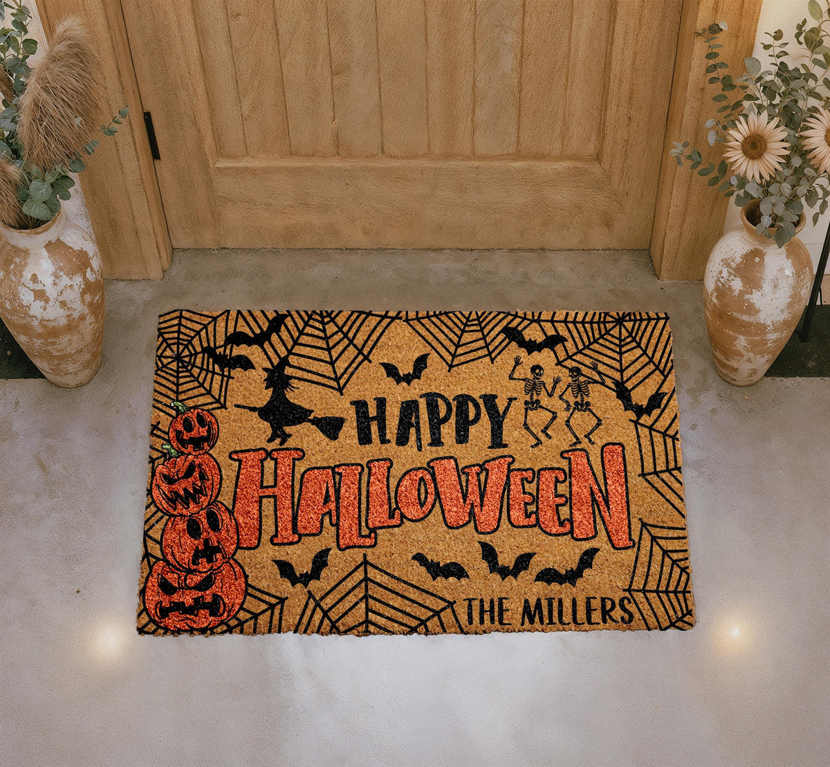 Personalized Happy Halloween Doormat, Custom Family Name Welcome Mat, Spooky Porch Decor