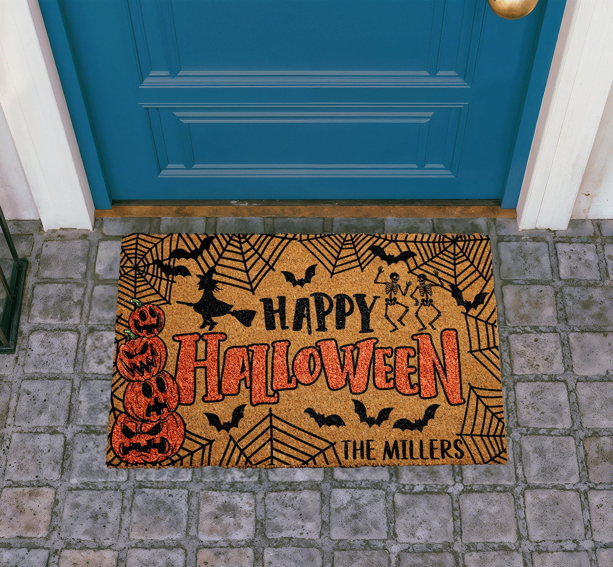 Personalized Happy Halloween Doormat, Custom Family Name Welcome Mat, Spooky Porch Decor