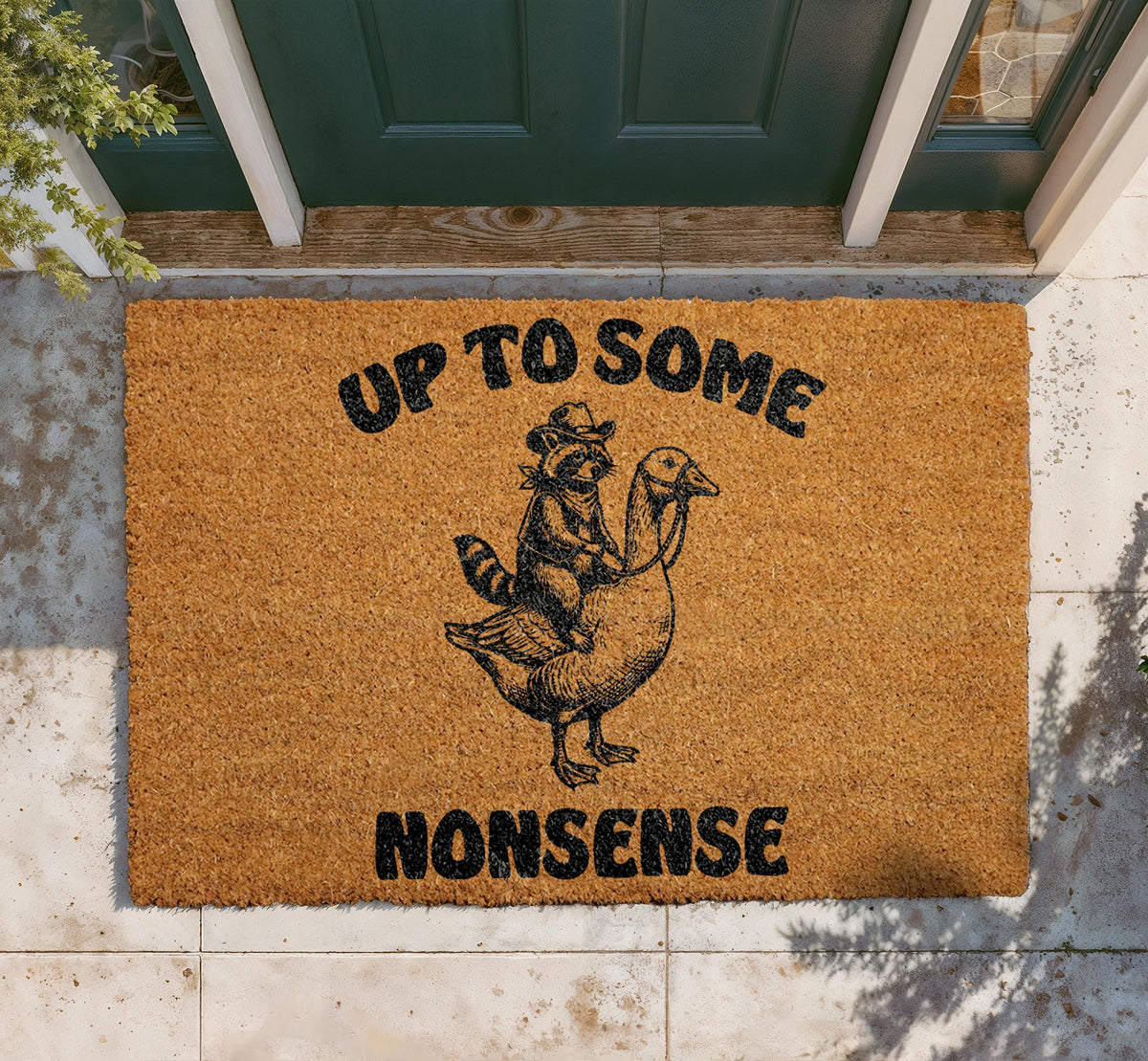 Funny Raccoon Goose "Up To Some Nonsense" Coir Doormat