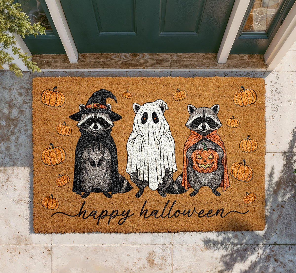 Raccoons Ghost Pumpkin Halloween Doormat, Natural Coir Welcome Rug