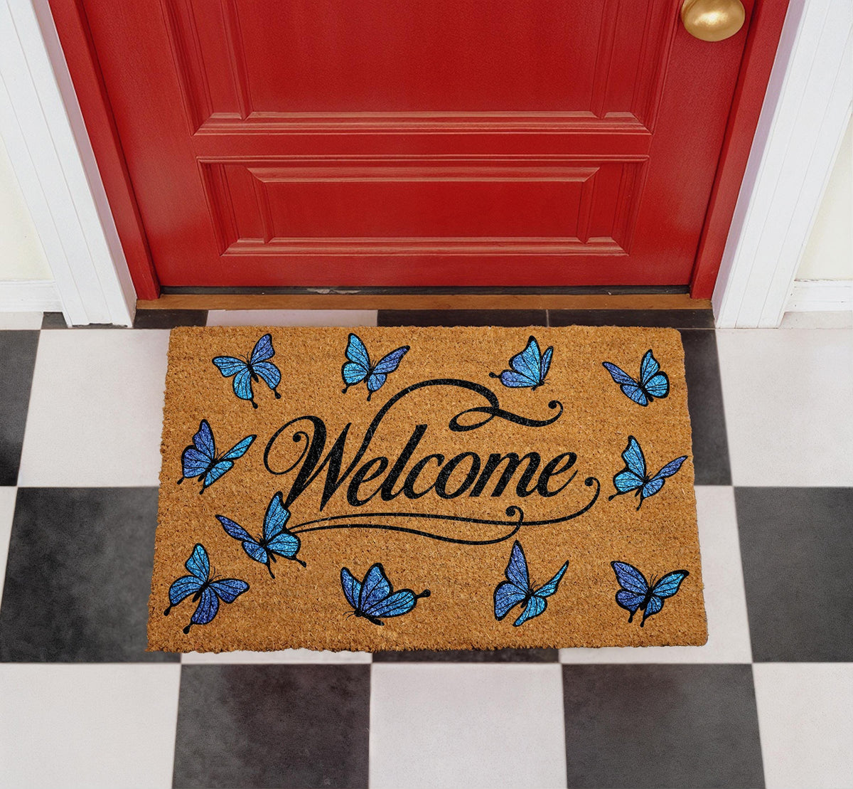 Personalized Butterfly Welcome Doormat, Natural Coir Entryway Mat, Nature Inspired Decor